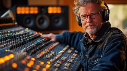 Sound engineer in the recording studio mixes the sound tracks, ensuring balance between the elements