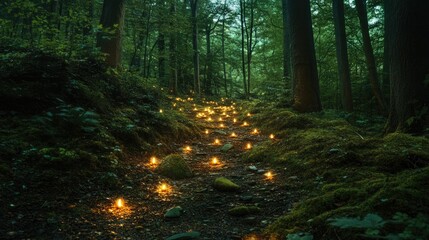 Obraz premium Enchanted forest path, glowing lights guide way.