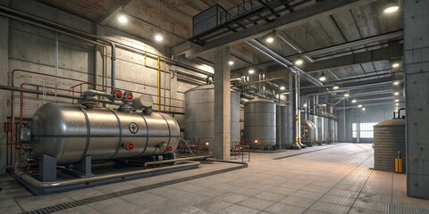 Obraz premium Industrial Facility Interior 3D Render of Steel Tanks and Pipelines in Concrete Building, Industrial Architecture, 3D Modeling Industrial Design,Factory Interior