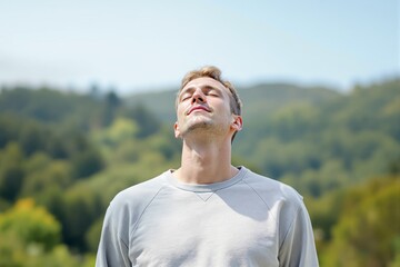 Young man standing outdoors with eyes closed and relaxed expression, natural daylight background of green forested hills, concept of mindfulness and calm. Ai generative