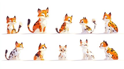Fototapeta premium Adorable cartoon cats collection orange and white spotted kittens in playful poses