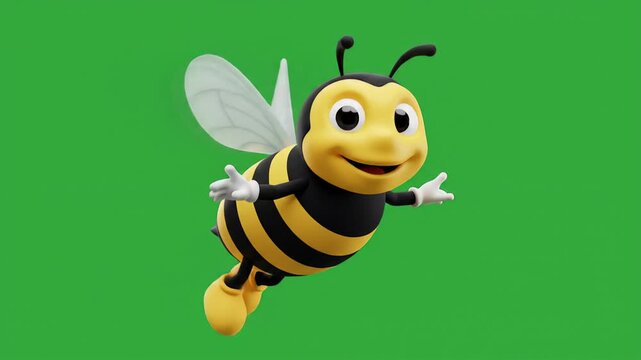 Animated bee illustration with yellow and black stripes flying against a green background