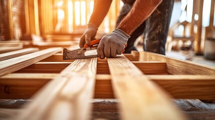 Construction Worker Using Hammer on Wooden Beams
