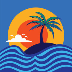 Tropical Beach Vector Art – Palm Tree, Ocean Waves, Bright Sunset, Summer Minimalist Design