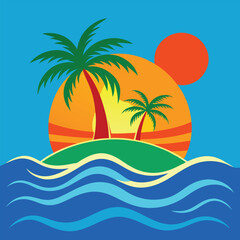 Tropical Beach Vector Art – Palm Tree, Ocean Waves, Bright Sunset, Summer Minimalist Design