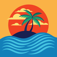 Tropical Beach Vector Art – Palm Tree, Ocean Waves, Bright Sunset, Summer Minimalist Design