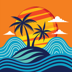 Tropical Beach Vector Art – Palm Tree, Ocean Waves, Bright Sunset, Summer Minimalist Design