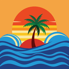 Tropical Beach Vector Art – Palm Tree, Ocean Waves, Bright Sunset, Summer Minimalist Design