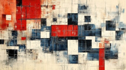 Abstract painting with colorful grid pattern on white background, featuring chaotic layers of red, blue, and gray squares