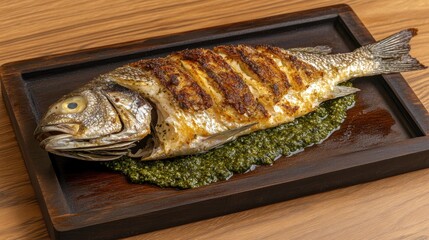 Sea bream cooked with crispy skin, placed over basil pesto base on dark serving board