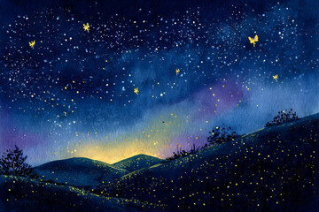 Fototapeta premium Starry night landscape scene over rolling hills.
