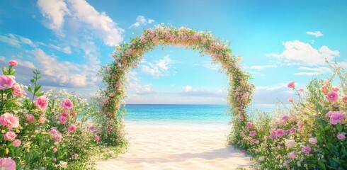 Explore Scenic Beach Wedding Arch with Pink Flowers for Romantic Getaway