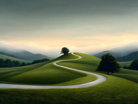 Idyllic pastel landscape of a serene countryside scene