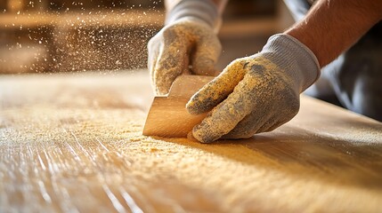 Carpenter Sanding Wood with Protective Gloves