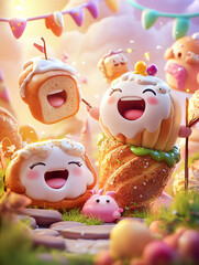 Fototapeta premium Adorable Bread with Colorful desserts. inspiration or happy themes. 3D rendering. 