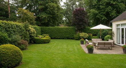 Lush green garden with patio and outdoor seating area