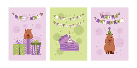 Fototapeta premium Birthday capybara greeting card set. Capybara with cake, presents, gift boxes. Celebration poster collection with cute animal character. Vector illustration for poscards, scrapbooking.