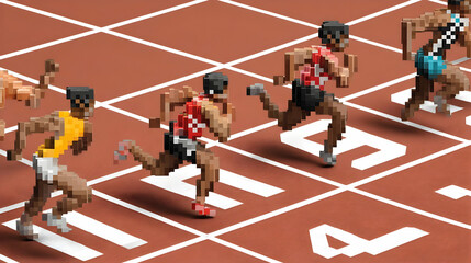 ground with pixelated athletes mid-motion frozen in time
