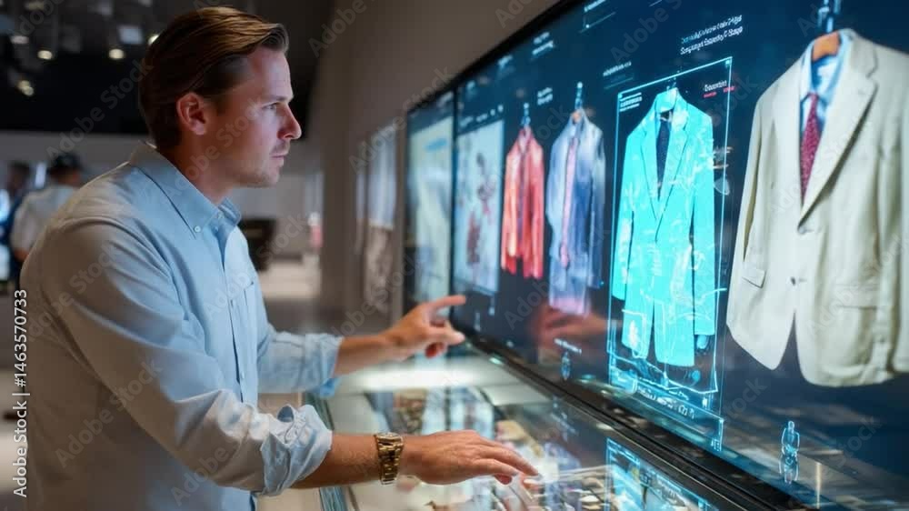 Wall mural man interacting with interactive display: a man uses his fingers to navigate a futuristic interactiv