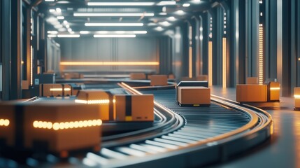Automated conveyor belt system in a modern warehouse.  Boxes move efficiently on a high-tech, industrial production line.  