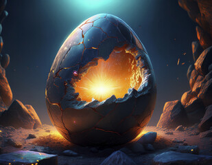 Cracked stone egg revealing a glowing planet inside, surreal light