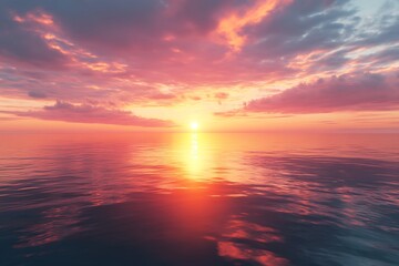 Fototapeta premium A stunning sunset over the ocean with vibrant orange and pink hues reflecting on calm waters