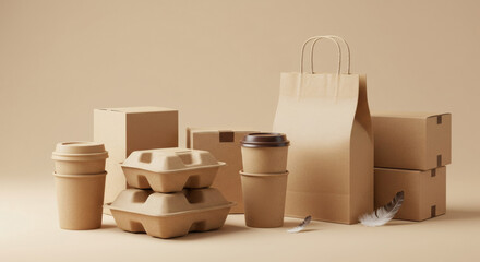 Recycled food packaging displayed on a neutral background. Stacked cardboard boxes, cups, and bags arranged in a minimalist setting.
