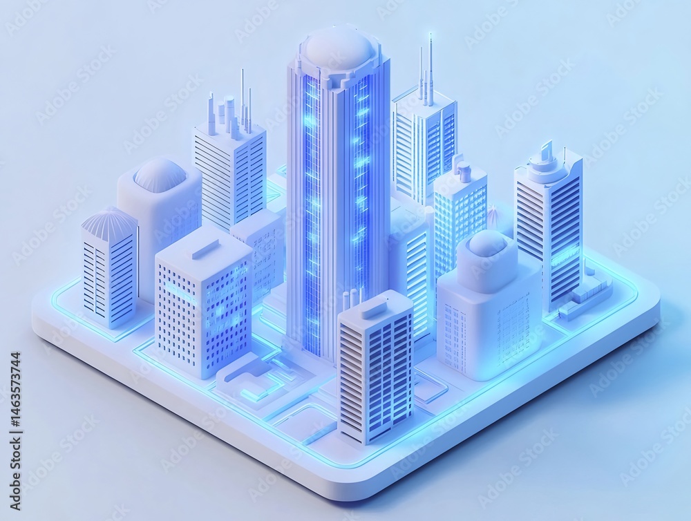 Aufkleber 未来的な3dレンダリング都市モデル 青と白の照明付き ミニチュア建築デザイン