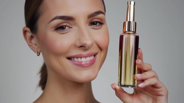 A radiant young woman with a flawless complexion holds a sleek skincare bottle, gently demonstrating its application on her cheek.
