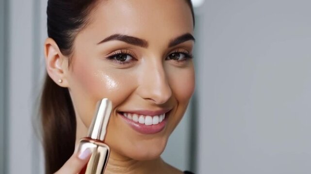 A radiant young woman with a flawless complexion holds a sleek skincare bottle, gently demonstrating its application on her cheek.