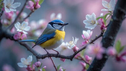 A cheerful bird on a blooming tree branch, chirping happily among bright, delicate blossoms