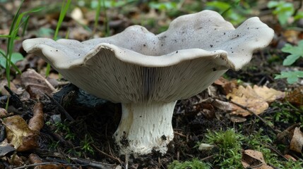 A close-up of a gray oyster mushroom, with its wide, thin cap and soft, delicate texture.