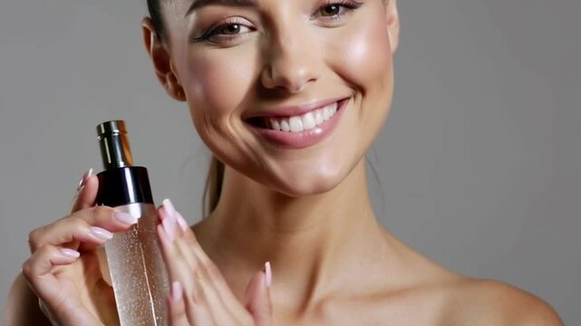 A radiant young woman with a flawless complexion holds a sleek skincare bottle, gently demonstrating its application on her cheek.