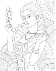 Elegant Lady in Historical Costume Line Art for Coloring, Line art illustration of a woman in elaborate historical period clothing, holding a flower. This black and white drawing is suitable for 