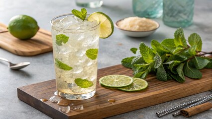 Fototapeta premium Refreshing Iced Mint Lime Drink Recipe Highball Glass Composition, Food Photography, Summer Cocktail Concept Keywords Mojito, Beverage