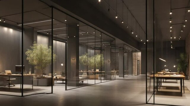 Modern, minimalist office space with glass partitions and potted trees.  Open layout, featuring  desks, computers, and a neutral color palette