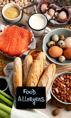 Allergy food concept. Assorted allergic products
