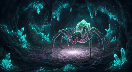 Crystalline spider in glowing cave