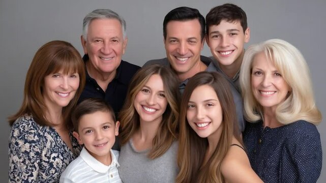 Happy Family Portrait: A heartwarming portrait of a three-generation family, radiating joy, unity, and love.  The image captures genuine smiles and close bonds, creating a lasting memory.
