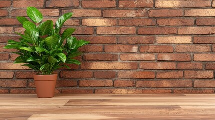 Green Plant in Terracotta Pot Against Red Brick Wall