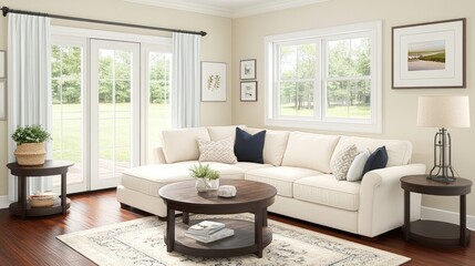 Fototapeta premium Cozy modern living room with sectional sofa.