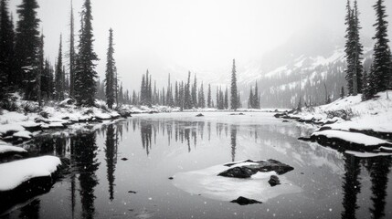Snowy mountain lake reflecting trees, snowfall. Winter landscape photography for travel brochures