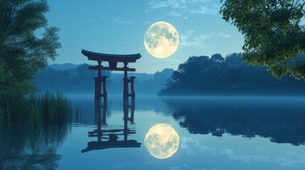Serene moonlit lake, gate reflection, tranquil trees.