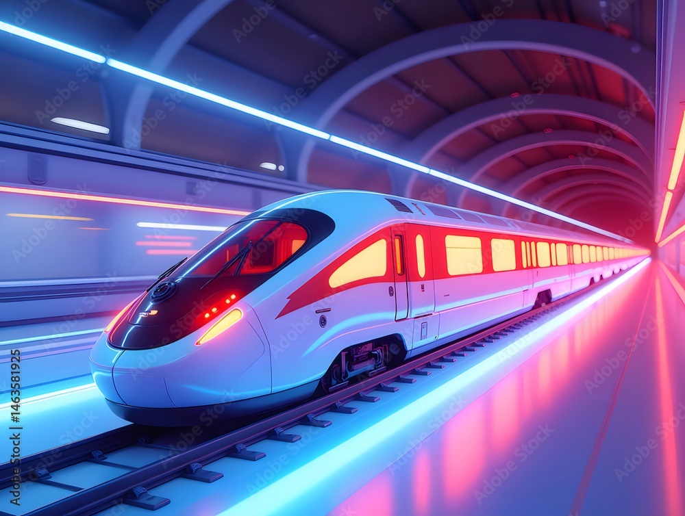 Aufkleber 未来的な雰囲気の赤いアクセントの高速列車が駅のネオン照明付きトンネルを通過