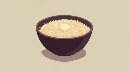Illustration of rice porridge in a bowl with butter on top simple food scene on neutral background
