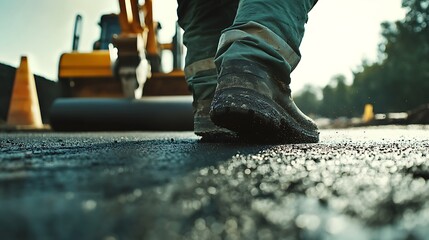 Construction Worker Walking on Fresh Asphalt
