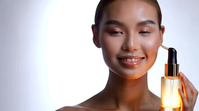 A radiant young woman with a flawless complexion holds a sleek skincare bottle, gently demonstrating its application on her cheek.