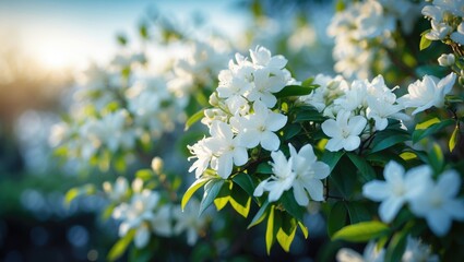 Jasmine blossoms on a shrub in a garden setting