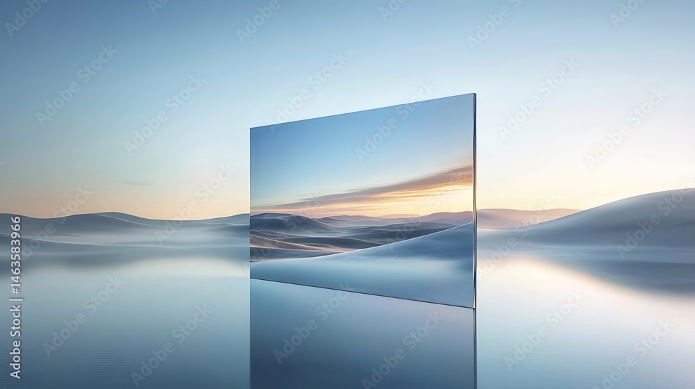 Poster ピクセル化された夕焼け空が水面に反射する抽象的な風景 デジタルアートの未来的なビジョン
