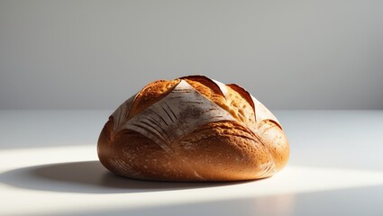 Close-up of a freshly baked bread loaf on a white background for breakfast or baking